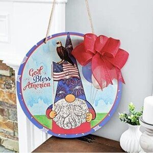 Patriotic Gnome Door Hanger Wreath God Bless America Gnome Wreath Wood with bow